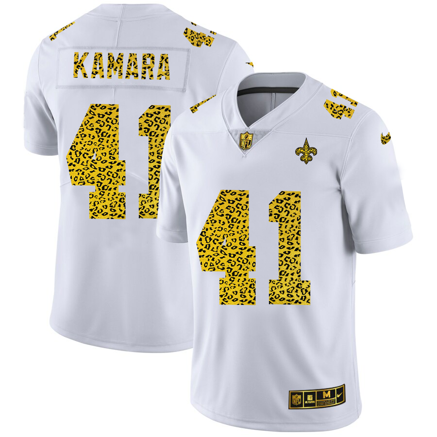 Custom New Orleans Saints 41 Alvin Kamara Men Nike Flocked Leopard Print Vapor Limited NFL Jersey White